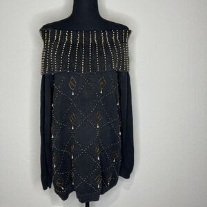 Lindsey Blake‎ Elegant Black Sweater with Gold Jeweled Studded Pattern, Size L